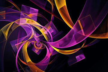 Geometric abstraction featuring interlocking spirals and squares in vibrant hues of purple and yellow, against a black background.