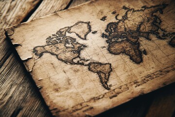 A detailed closeup of an antique world map in sepia tones highlighting geographical features on a rustic wooden background