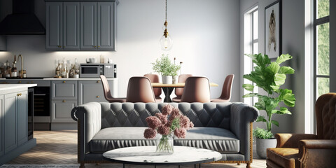 Chairs arranged at kitchen island in apartment