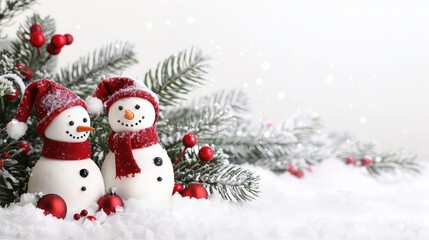 Two snowmen with red hats and scarves standing in snow with pine branches and red ornaments.