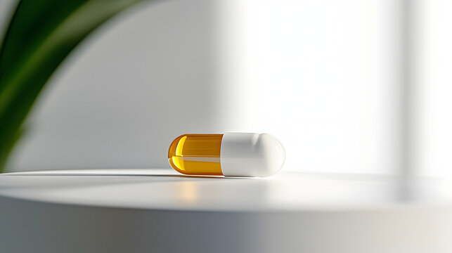 Single Zonisamide capsule on white surface, reflecting light.