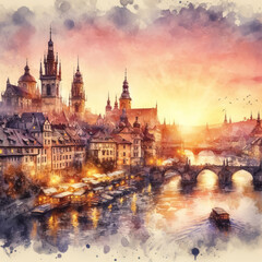 Fototapeta premium beautiful old city, watercolor painting