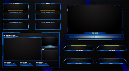 Futuristic Live Stream Overlay  Blue yellow  Border Webcam Frames and Info Panels on a Black Background