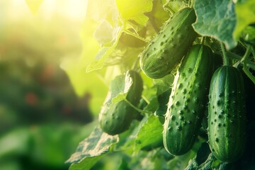 Numerous green cucumbers dangle from a vine, illuminated by soft sunlight in a vibrant garden setting