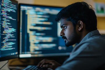 An Indian programmer focuses intently on coding, surrounded by multiple computer screens displaying lines of code in a warm office environment