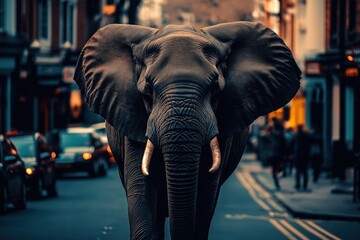 A photo of a majestic elephant exploring the city in London. Demonstrating concepts including urban wildlife, habitat loss, urbanisation, adaptation, nature and civilisation, wildness and modernity.