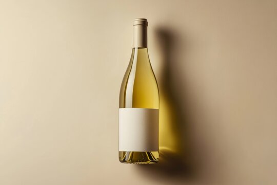 A side view of an elegant white wine bottle with a blank label illuminated softly, showcasing its shape and color against a neutral background