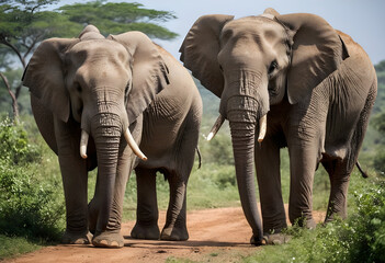 Obraz premium Two african elephants walking on a dirt road