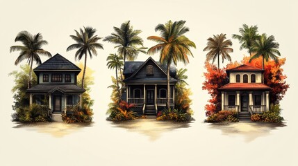 Obraz premium Tropical Houses Through Seasons: Illustration Art