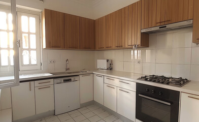 Fototapeta premium A small kitchen with light brown cabinets and wooden cupboards, a small black stove top with an empty space for an air conditioner built-in under the sink. White tiles on the floor. Generative AI.