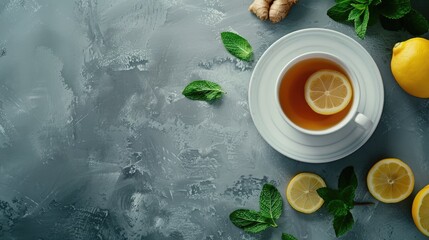 Cup of healthy ginger tea with mint leaves and lemon. Space for your text