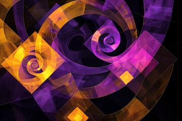 Geometric abstraction featuring interlocking spirals and squares in vibrant hues of purple and yellow, against a black background.