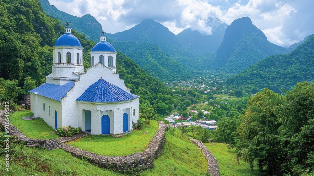 Canvas Prints Scenic Church on Hill Surrounded by Lush Mountains