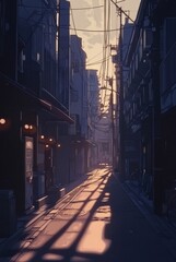 Obraz premium Deserted Urban Street Scene Illuminated by Streetlights, Long Shadows Stretching in the Stillness, Anime-Style Night Solitude,Abstract concepts, game concept art, storybook illustrations, comic strips