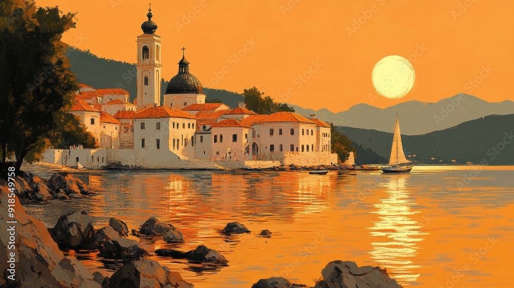 Wall mural Sunset Over Coastal Village with Sailboat