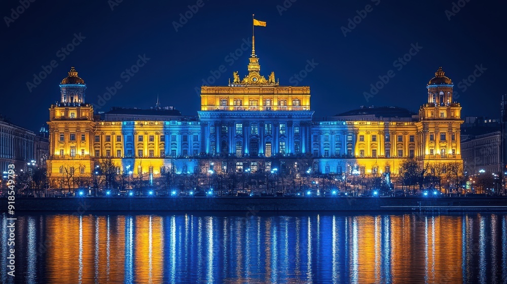 Wall mural Illuminated Government Building at Night Reflection