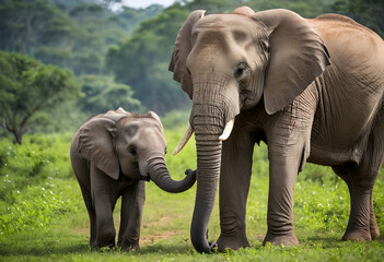 Obraz premium Baby elephant touching trunks with mother elephant in green field