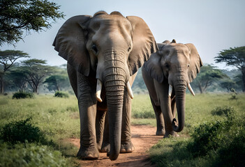 Obraz premium Two wild african elephants walking on dirt road