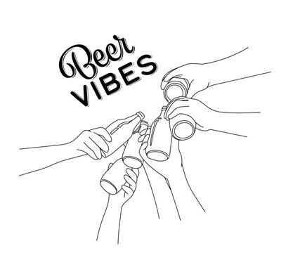 Hands clink beer bottles vector outline illustration with a lettering Beer Vibes. National Beer day. Hand drawn one line art vector illustration isolated on the white background. - Powered by Adobe
