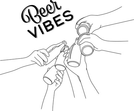 Hands clink beer bottles outline illustration with a lettering Beer Vibes. National Beer day. Hand drawn one line art illustration isolated on the white background.