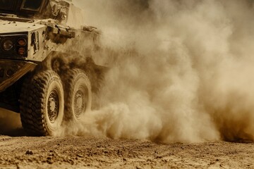 A military armored vehicle struggles through tough desert terrain, kicking up dust as it maneuvers over rocky ground in a challenging and dynamic environment