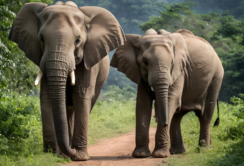 Two african elephants walking on dirt road toward camera