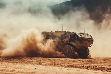 A military armored vehicle maneuvers through rugged desert terrain, stirring up dust while showcasing its capabilities in challenging conditions