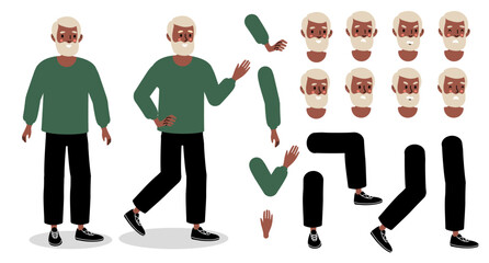 A collection of character design elements featuring a walking elderly man with various expressions
