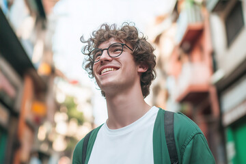 Fototapeta premium A young man with curly hair and glasses smiling brightly while standing outdoors, capturing the joy of a sunny day in the city.