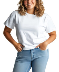 Fototapeta premium Smiling person in casual white T-shirt and jeans, cut out - stock png.
