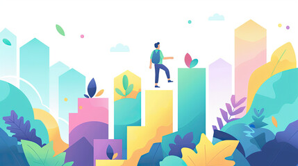 Obraz premium working businessman investor or company leader walking man on colorful Wooden blocks with leaves symbol and steps going up. Time value of money, long term investment, business growth or success 