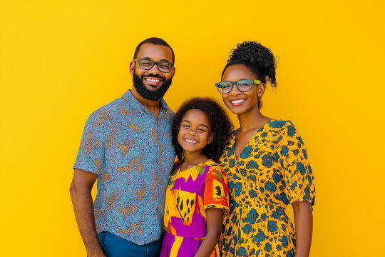 A family of three standing against a vibrant yellow background, smiling brightly, representing family unity, happiness, and diversity.