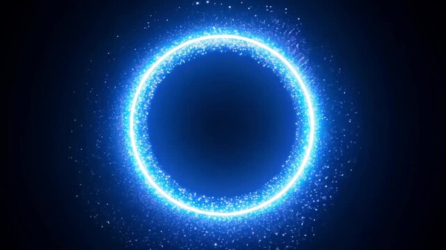 A vibrant blue circle radiates sparkles, creating an enchanting visual effect against a deep black backdrop.