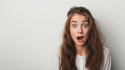Fototapeta premium A young woman with wide eyes and open mouth expresses shock or surprise against a plain background, perfect for concepts of astonishment and emotion, with copy space available.