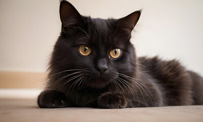 Black cat with yellow eyes lying down on the floor