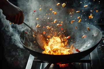 A chef expertly tosses a colorful mix of ingredients in a scorching wok, creating an impressive display of flames and motion in a lively culinary setting