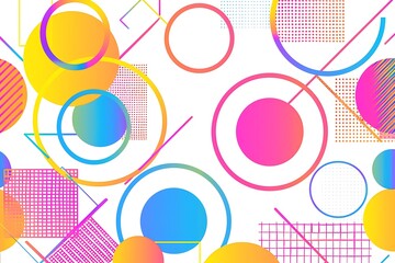 Geometric abstraction with intricate patterns of circles and squares in neon colors, arranged dynamically on a white background.