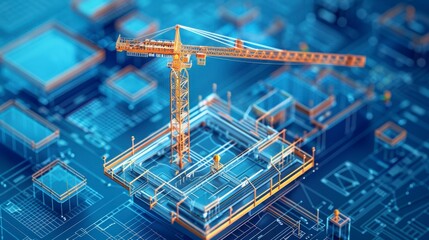 Obraz premium Modern Construction Sites: Hard Hats, Blueprints, Cranes, and Architectural Designs in Progress