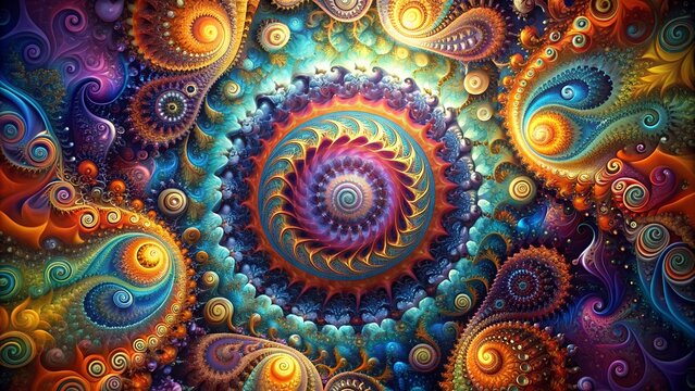 Intricate fractal mandala design, colorful spiral patterns in psychedelic art