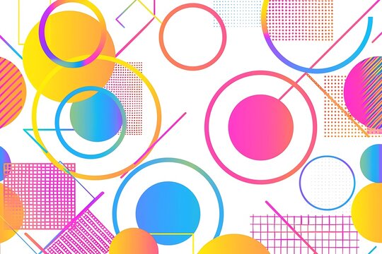Geometric abstraction with intricate patterns of circles and squares in neon colors, arranged dynamically on a white background.