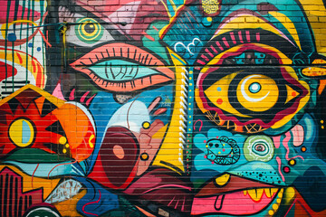 Fototapeta premium A close-up of a brightly painted brick wall with abstract graffiti, showcasing urban creativity and modern street art culture.