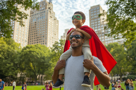 A father and son playing in a park, with the son dressed as a superhero, capturing the joy and imagination of childhood during a sunny day in the city.