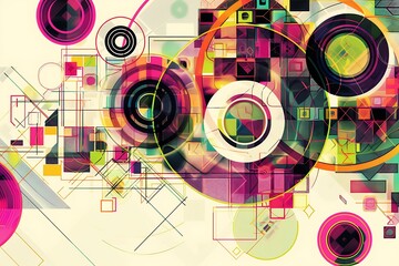 Geometric abstraction with intricate patterns of circles and squares in neon colors, arranged dynamically on a white background.