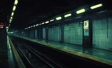 Deserted Subway Station with Tracks Stretching into the Dim Light, Echoing Silence, Anime-Inspired Urban Solitude,Abstract concepts, game concept art, storybook illustrations, comic strips