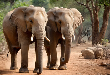 Fototapeta premium Two large african elephants walking on a dirt road