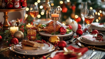 Fototapeta premium A festive holiday table setting with a sumptuous feast and decorations --ar 16:9 Job ID: 5275b339-43d6-411e-9bc1-cfa36931b012