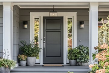 This grey modern farmhouse front door features a covered porch and is adorned with planters and light fixtures for added charm and curb appeal