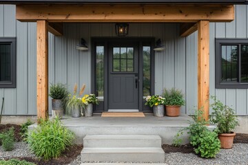 The grey front door of a modern farmhouse is highlighted by a welcoming porch, surrounded by stylish potted plants and greenery, creating an inviting entrance