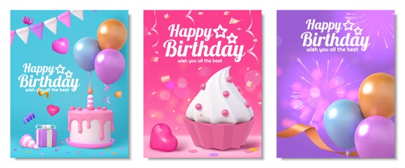 Birthday cards. Happy greeting cake, anniversary gift for pink love wedding celebrate, confetti and dessert. 3d glossy render elements. Party invitation festival set. Vector background