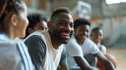Fototapeta premium Basketball Coach Strategizing With Players During Team Practice in a Sports Gymnasium